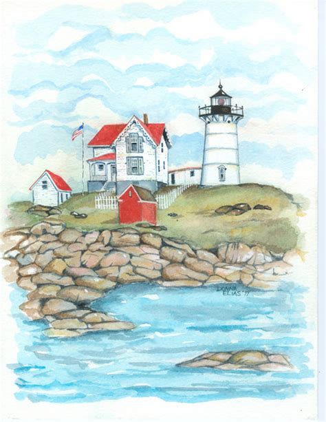 Cape Neddick "Nubble" Lighthouse Maritime Watercolors Original Painting - Donna Elias Studios, LLC