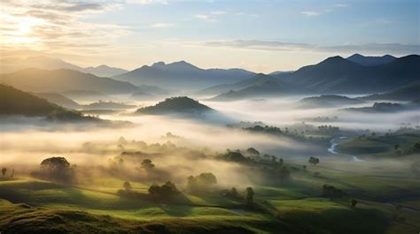 Premium AI Image | Aerial view of green hills with fog at sunrise