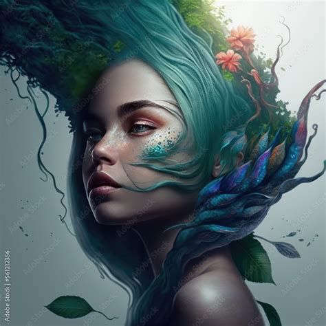 Woman with rainforest hair, jungle fantasy, environmental concept ...