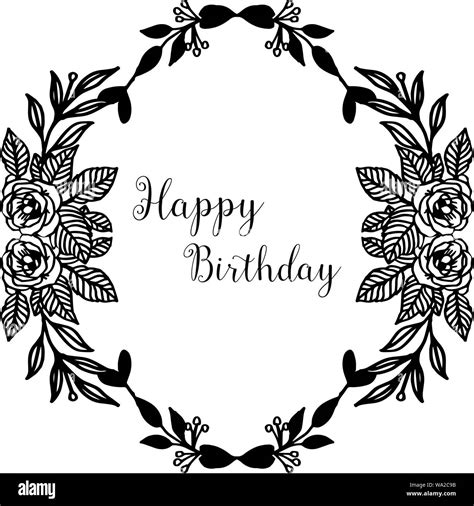 Lettering of happy birthday, design beautiful black white flower frame ...