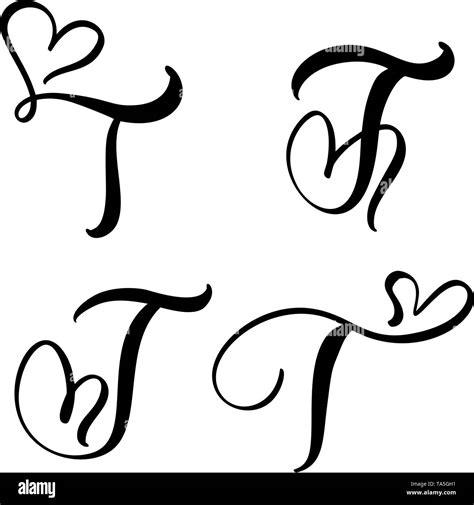 Vector Set of Vintage floral letter monogram T. Calligraphy element Valentine flourish. Hand ...