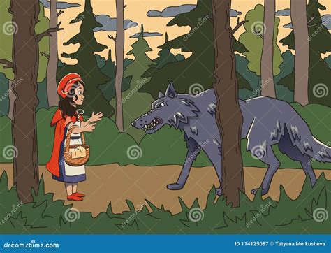 Little Red Riding Hood with Big Bad Wolf in the Dark Woods. Vector Fairy Tale Illustration ...