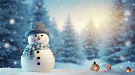 A cheerful snowman stands in a snowy landscape with trees in the background and the glow of a ...