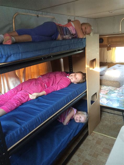 Triple bunk made from garage shelving from Bunnings. Mattresses from Clarke rubber. | Camper ...