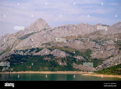 View of the Riaño reservoir and surrounding mountains range, Riaño, Castile and León, Spain ...