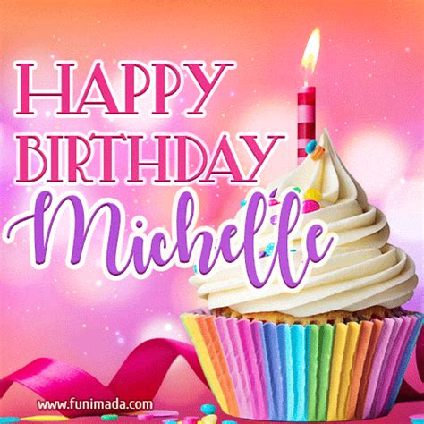 A GIF featuring the name Michelle, a decorated cupcake with a lit ...