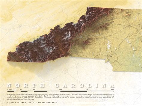 Elevation Map of North Carolina Topo Wall Art – GeoJango Maps