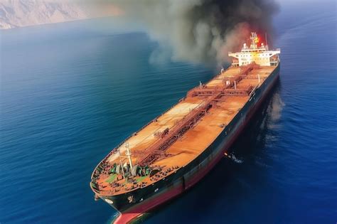 Premium AI Image | Cargo ship oil tanker in red sea being hit by missile Burning ship