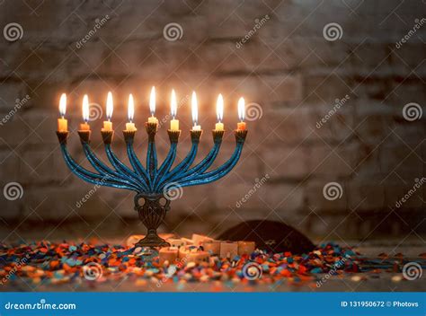 The Lit of Hanukkah Candles in Menorah Stock Photo - Image of hebrew, hanuka: 131950672