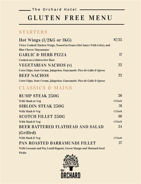 Gluten Free Menu - The Orchard Hotel