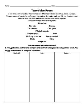 Two Voice Poem Worksheet by Sarah Demsich | TPT