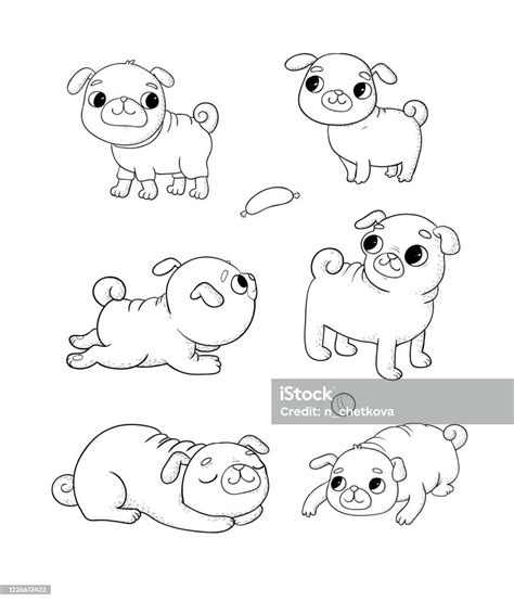 Set Pug Kartun Lucu Gambar Anjing Lucu Yang Ceria Untuk Dokter Hewan Vektor Ilustrasi Stok ...