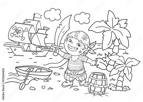 Coloring Page Outline Of Cartoon pirate on treasure island. Pirate ship ...