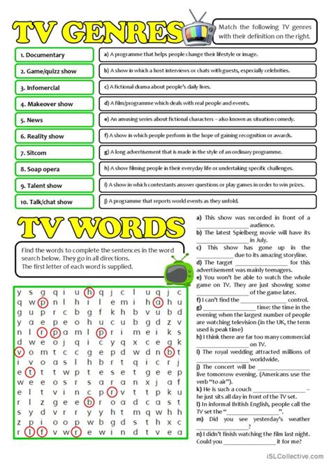 TV GENRES and WORDS word search: English ESL worksheets pdf & doc