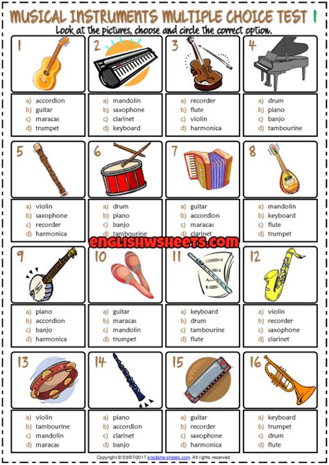 Musical Instruments ESL Printable Multiple Choice Tests | Instrument family worksheet, Music ...