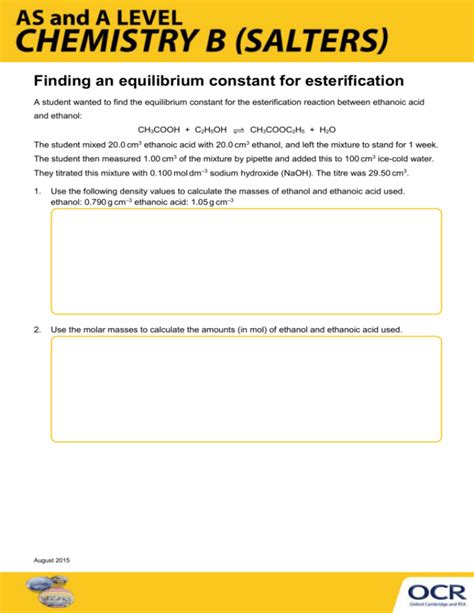 Finding an equilibrium constant for esterification