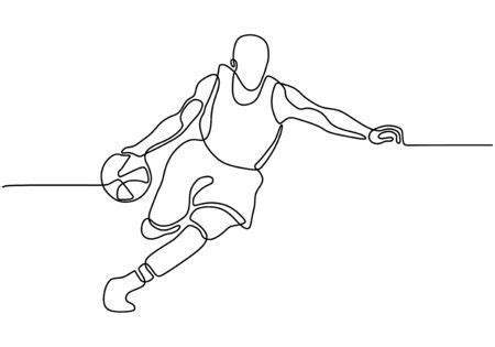 Continuous one line drawing of basketball player dribbling and holding the ball. Athlete running ...