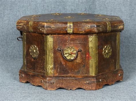 Antique Indian Wooden Box with Brass Details