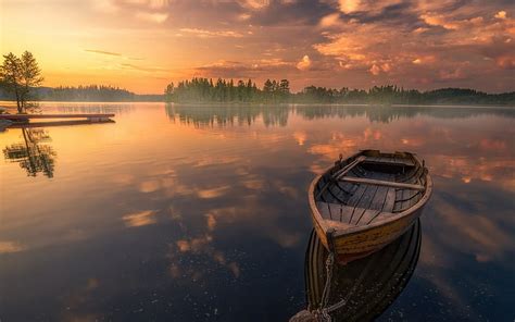 Boat in a silent lake, Water, Lake, Sunset, Evening, HD wallpaper | Peakpx