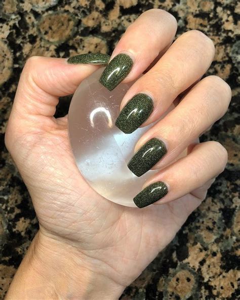 So Beautiful Olive Green Fall Nails With Micro Gold Glitters! # ...