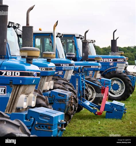 Row of blue Ford tractors on display at county agricultural show Stock ...