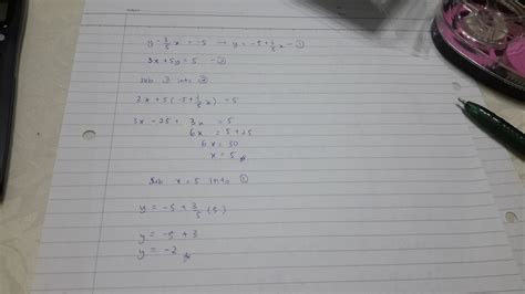 How do you solve the following system using substitution?: y - 3/5x = - 5, 3x + 5y = 5 | Socratic