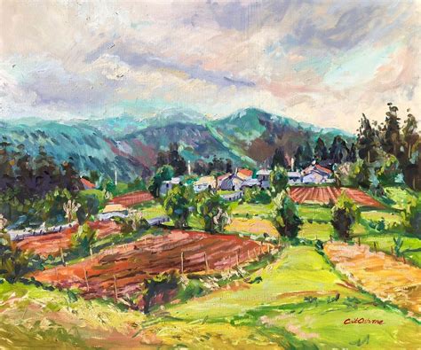 Galician Village and Hills, Oil landscape painting of Northern Spain Oil Painting For Sale ...