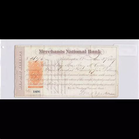 1869 $475 Merchants National Bank, Burlington, VT Revenue Imprinted ...