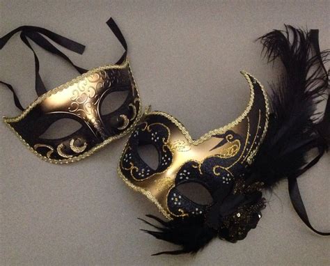 Gold Black masquerade mask pair party Mardi Gras surprise