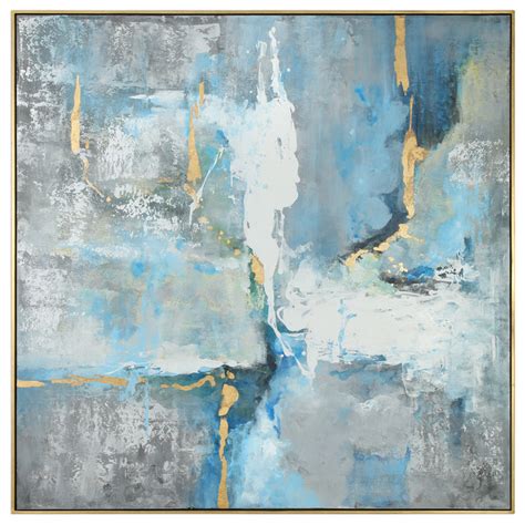 Oversize Abstract Gold Gray Blue White Modern Art Painting, 61" Square Framed - Contemporary ...