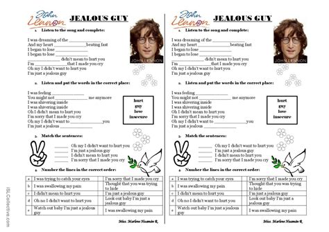 Jealous guy song and nursery rhym…: English ESL worksheets pdf & doc