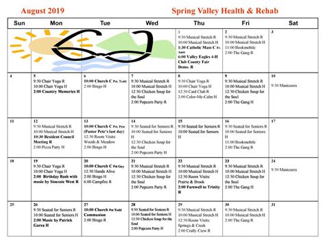 August Activity Calendar - Spring Valley Senior Living and Health Care ...