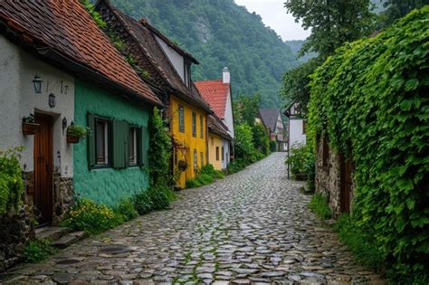 A cozy street in a German village a stone road and buildings | Premium AI-generated image