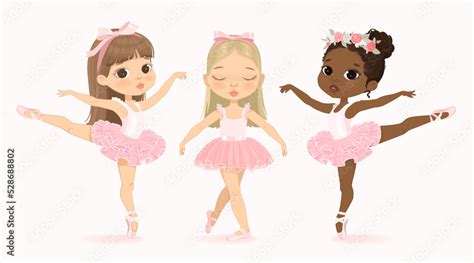 Cute Ballerina Girl Dancing. Three Multicultural Ballerinas Set ...