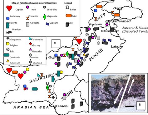 A, Map of Pakistan showing mineral localities; B, Dilband iron ore with ...