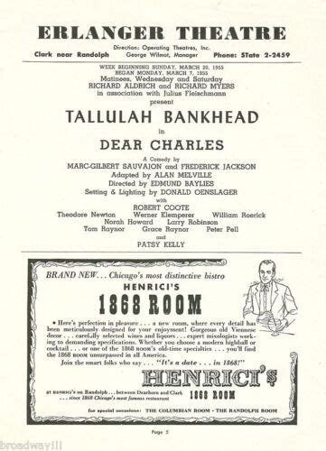 Tallulah Bankhead "DEAR CHARLES" Patsy Kelly 1955 Chicago, Illinois ...