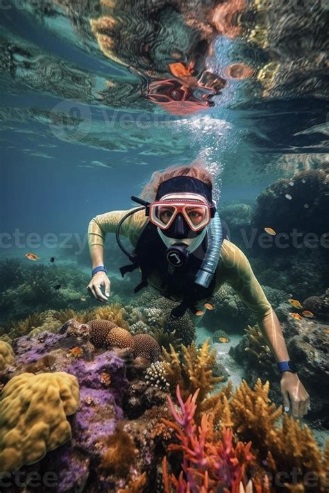 Snorkel diving at tropical coral reef, created with 21875505 Stock Photo at Vecteezy