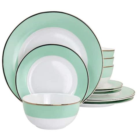 MARTHA STEWART Martha Stewart Gold Rimmed 12 Piece Fine Ceramic Dinnerware Set in Mint Green ...