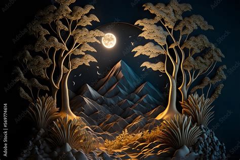 3d modern art mural wallpaper with night landscape with dark mountains ...