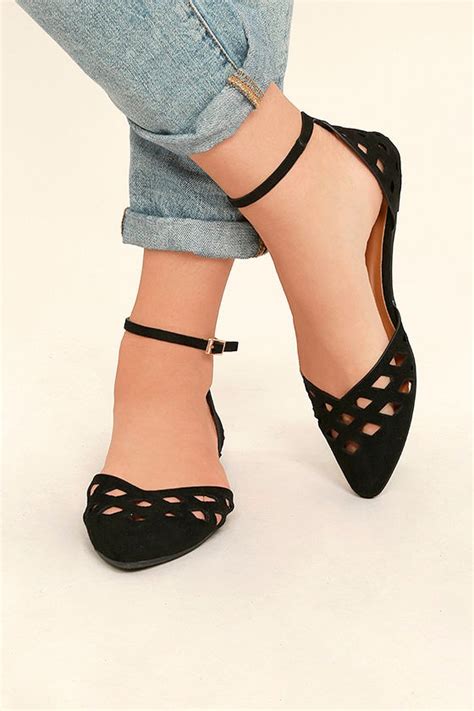 Cute Black Flats - Ankle Strap Flats - Cutout Flats - Vegan Suede Flats ...