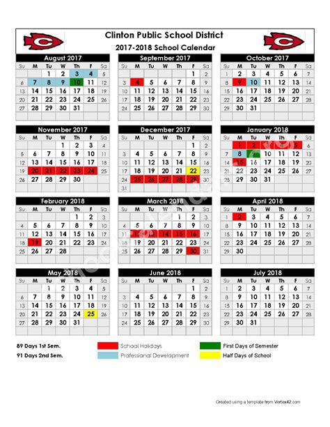 2017 - 2018 School Calendar | Clinton Public School District – Clinton, MS