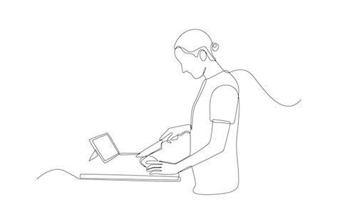 Premium Vector | Single one line drawing young girl cooking by tutorial of a online master class ...