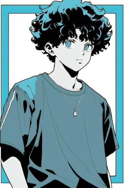 Premium AI Image | A drawing of a boy with curly hair and a blue shirt.