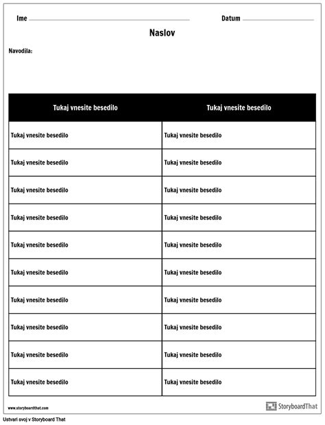 Tabele - 2 Stolpci, 10 Vrstic Storyboard par sl-examples