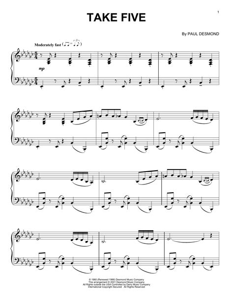 Take Five Sheet Music | The Dave Brubeck Quartet | Piano Solo