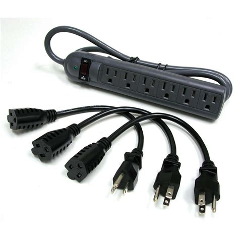 6-Outlet Power Strip with Surge Suppressor (3) 1ft Outlet Saver Power Extension Cords | Surge ...