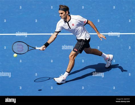 Swiss tennis player Roger Federer playing forehand volley during 2019 ...