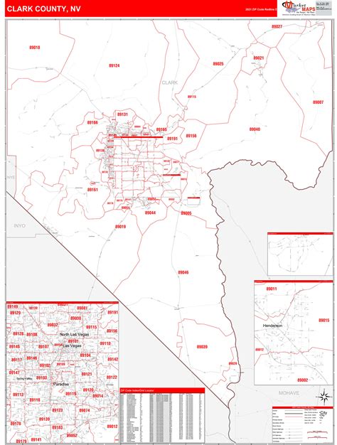 Clark County, NV Zip Code Wall Map Red Line Style by MarketMAPS - MapSales