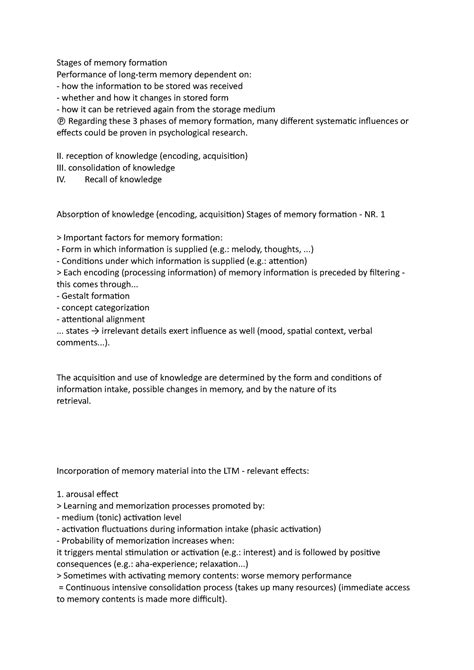 Stages of memory formation - Stages of memory formation Performance of ...