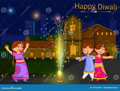 Kids Enjoying Firecracker Celebrating Diwali Festival Of India Cartoon ...